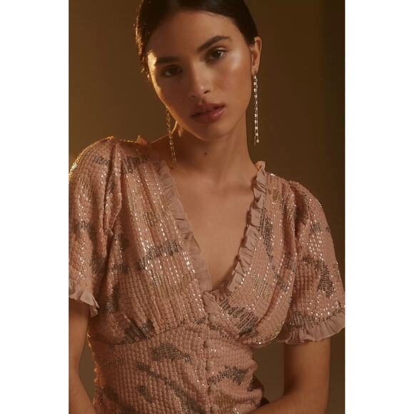 Anthropologie Forever That Girl Pink Sequined V-Neck M Button Crop Top Fairy - Picture 1 of 12